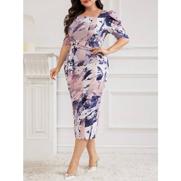 Shein Curve Midi Dress Womens 2XL Pink Blue Abstract Print Puff Sleeve Belted - Picture 2 of 9